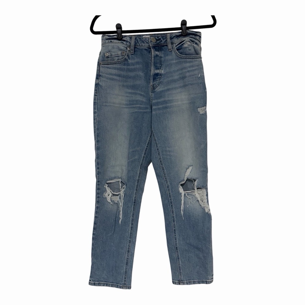Daze 27 High Rise Distressed Straight Jeans Light Wash Just Right 25.5" Inseam
